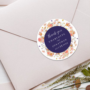 Pegatina Redonda Boho Otoño Floral Azul Marino Boda Agradecimiento