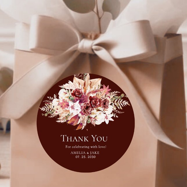 Pegatina Redonda Boho Pampas Burgundy Floral Round Wedding  (Subido por el creador)