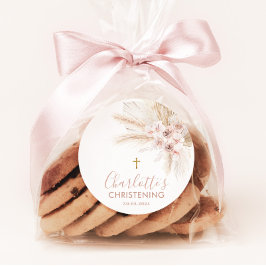 Pegatina Redonda Boho Pampas Chica Rosa Bautismo Floral Cristianism