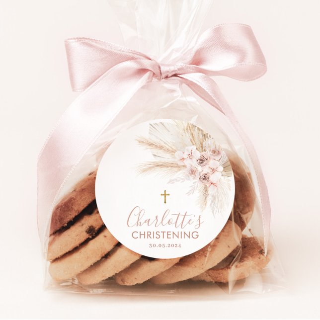 Pegatina Redonda Boho Pampas Chica Rosa Bautismo Floral Cristianism (Subido por el creador)