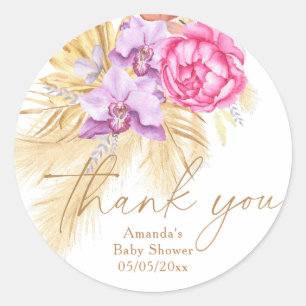 Pegatina Redonda Boho pampas hierba - Bebé ducha gracias