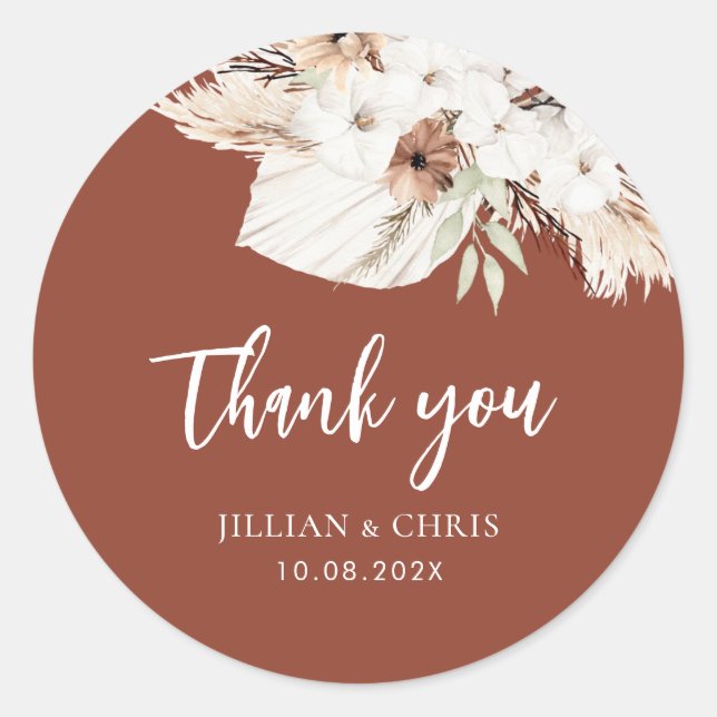 Pegatina Redonda boho pampas terracotta floral boda clásico roun (Anverso)