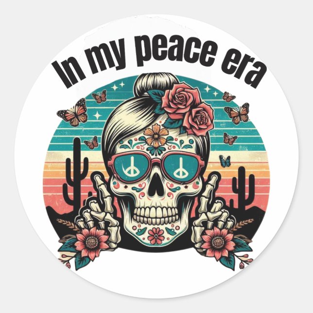 Pegatina Redonda Boho Peace Era Skull – Retro Desert Floral Design" (Anverso)