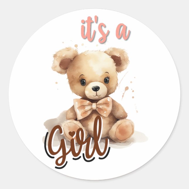 Pegatina Redonda Boho Pink Bear Baby Shower (Anverso)