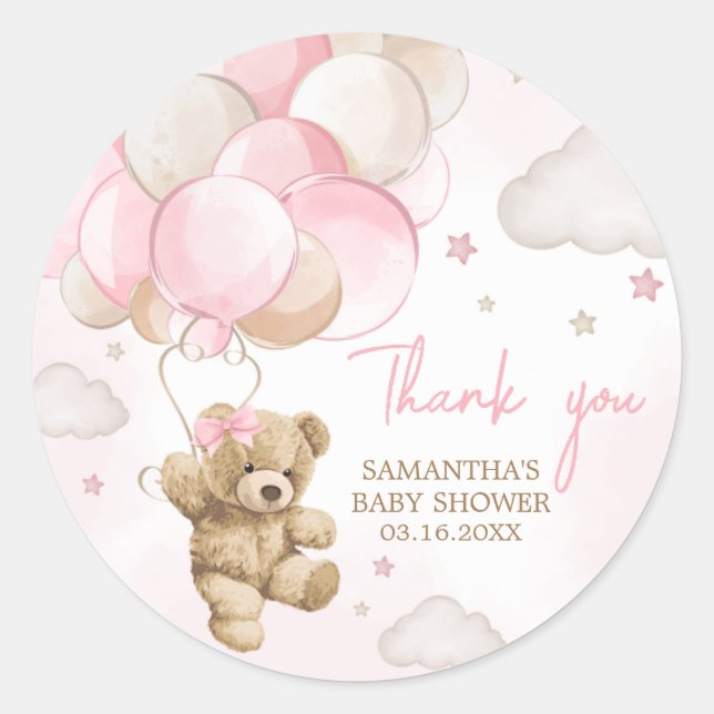 Pegatina Redonda Boho Pink Bear Balloon Baby Shower (Anverso)
