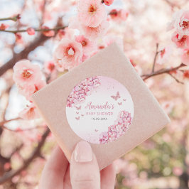 Pegatina Redonda Boho Pink Watercolor Floral Mariposa Baby Shower