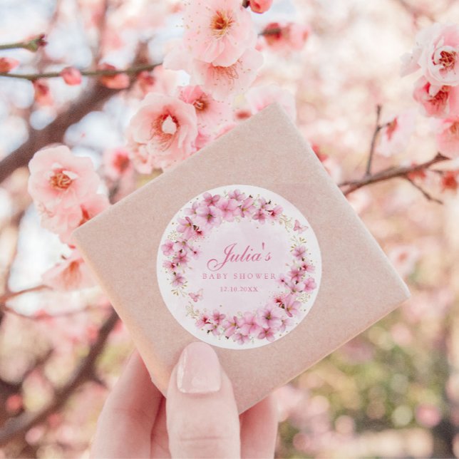 Pegatina Redonda Boho Pink Watercolor Floral Mariposa Baby Shower (Subido por el creador)