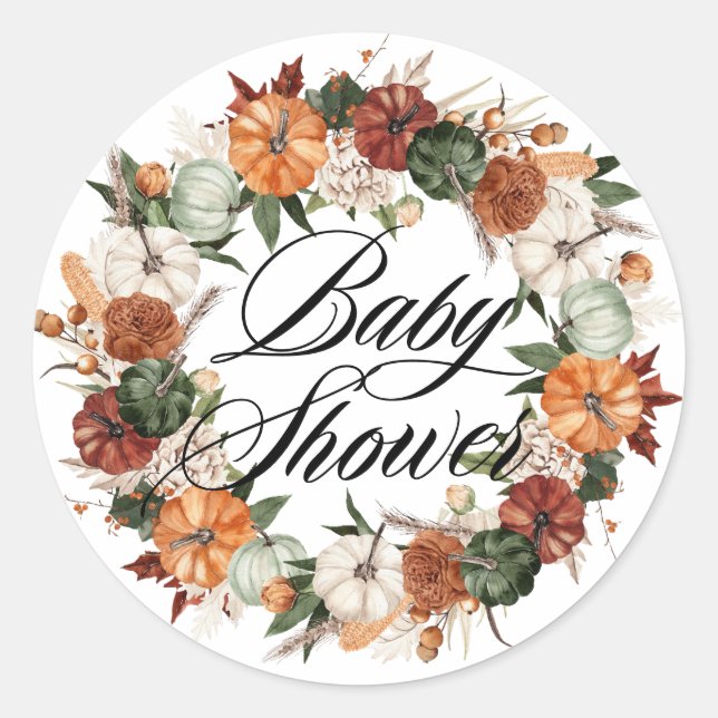 Pegatina Redonda Boho Pumpkins Wreath Autumn Baby Shower (Anverso)