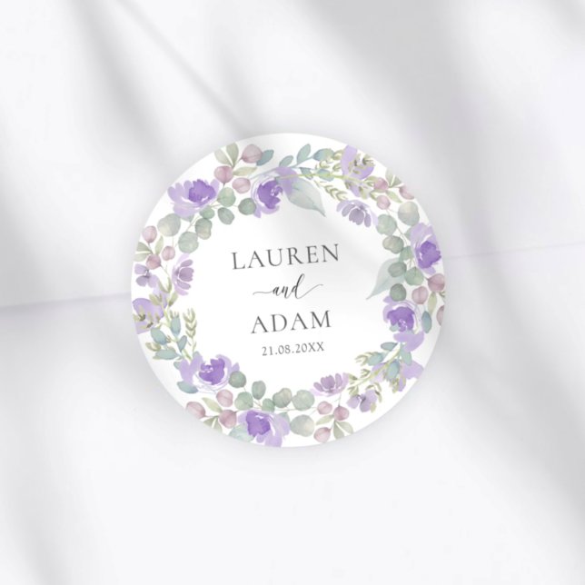 Pegatina Redonda Boho Purple Floral Couples Names Wedding (Subido por el creador)