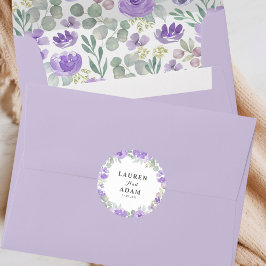 Pegatina Redonda Boho Púrpura Parejas Florales Nombres Boda