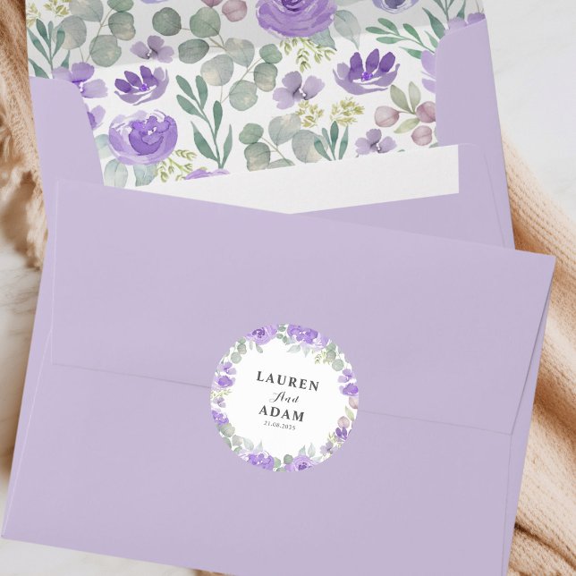 Pegatina Redonda Boho Púrpura Parejas Florales Nombres Boda (Subido por el creador)