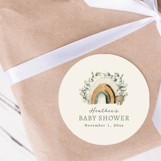 Pegatina Redonda Boho Rainbow (Boho Rainbow Classic Round Baby Shower Sticker by Painted Paperie)