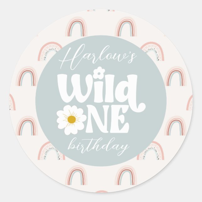 Pegatina Redonda Boho Rainbow Daisy Wild One Chica primer cumpleaño (Anverso)