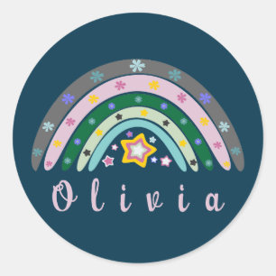 Pegatina Redonda Boho Rainbow Trendy con nombre personalizado