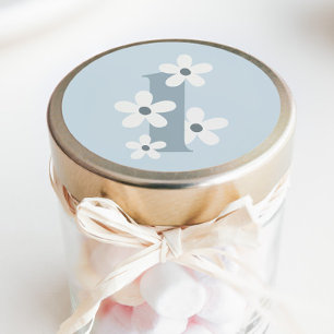 Pegatina Redonda Boho Retro Daisy 1er cumpleaños de Blue Groovy