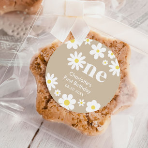 Pegatina Redonda Boho Retro Daisy Primer Cumpleaños