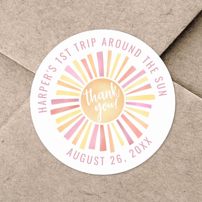 Pegatina Redonda Boho Rosa 1er Viaje Alrededor Del Sol (Pink Boho 1st Trip Around The Sun Classic Round Sticker )