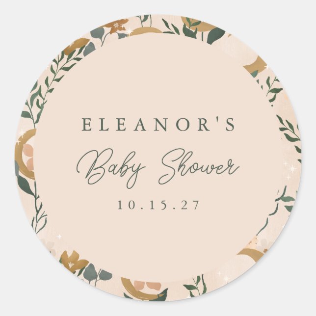 Pegatina Redonda Boho Rubor Green Botanon Personalizado Baby Shower (Anverso)