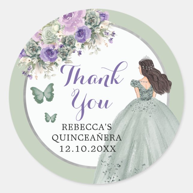 Pegatina Redonda Boho Sage Green Lilac Chica Floral Quinceañera (Anverso)