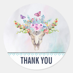 Pegatina Redonda Boho Skull con mariposas y flores gracias