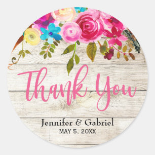 Pegatina Redonda Boho Spring Pink Wood Floral Gracias Boda