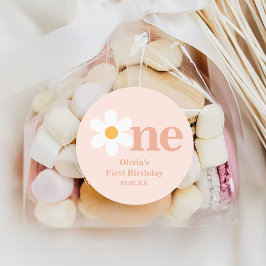 Pegatina Redonda Boho Spring Rubor Pink Daisy Un Primer Cumpleaños