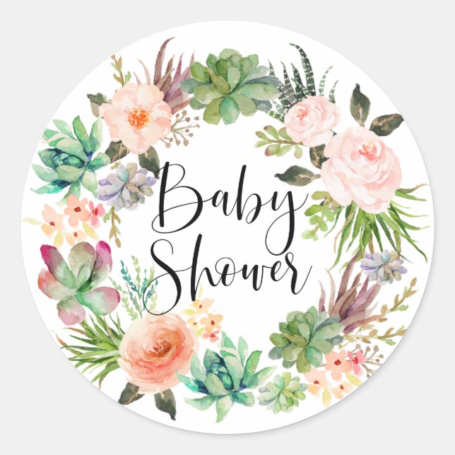 Pegatina Redonda Boho Suculenta la floral Wreath Summer Baby Shower (Anverso)