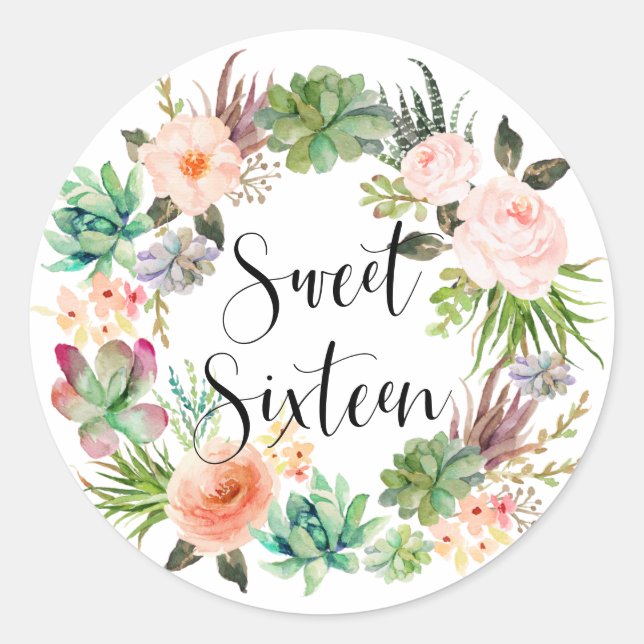Pegatina Redonda Boho Suculenta Wreath Floral Dulce (Anverso)