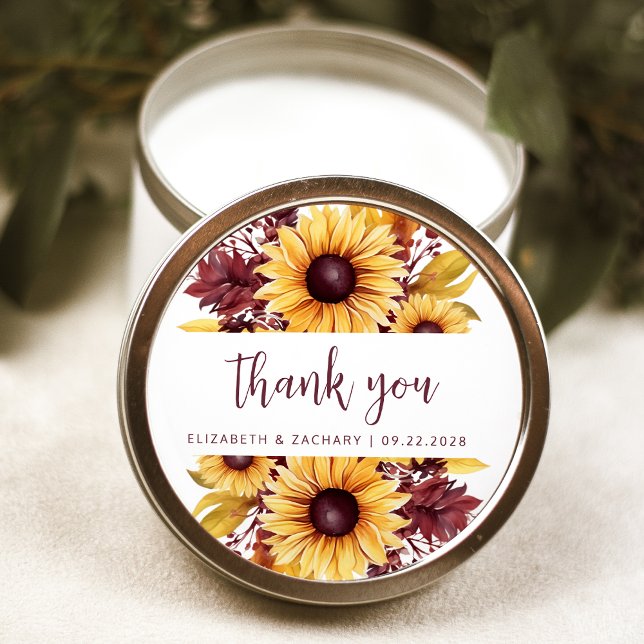 Pegatina Redonda Boho Sunflower Burgundy Boda Floral Gracias (Subido por el creador)