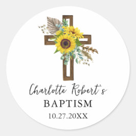 Pegatina Redonda Boho Sunflower & Eucalyptus Rustic Cross Baptism