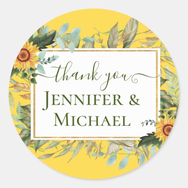 Pegatina Redonda Boho Sunflower Sage Greenery Boda (Anverso)