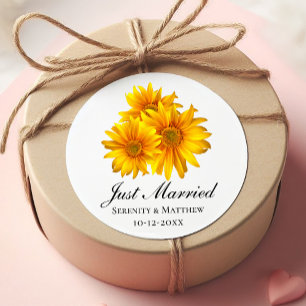 Pegatina Redonda Boho Sunflowers Country Wedding recién casado