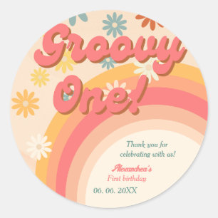 Pegatina Redonda Boho sunshine retro groovy Primer cumpleaños