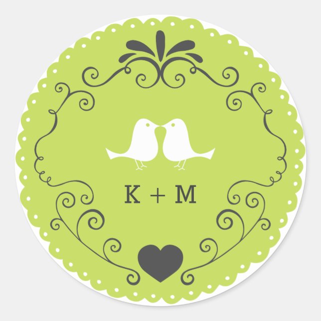 Pegatina Redonda Boho Swirls, Curls, un Boda de Banner & Lovebirds (Anverso)