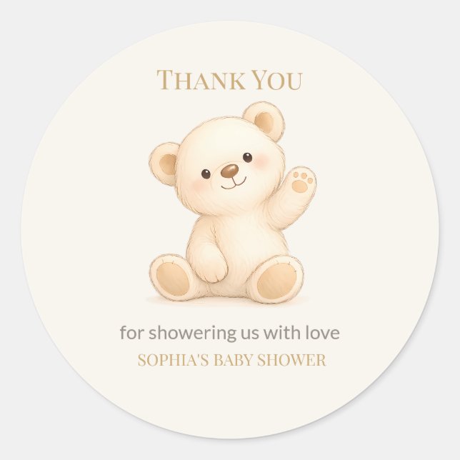Pegatina Redonda Boho Teddy Bear Baby Shower (Anverso)