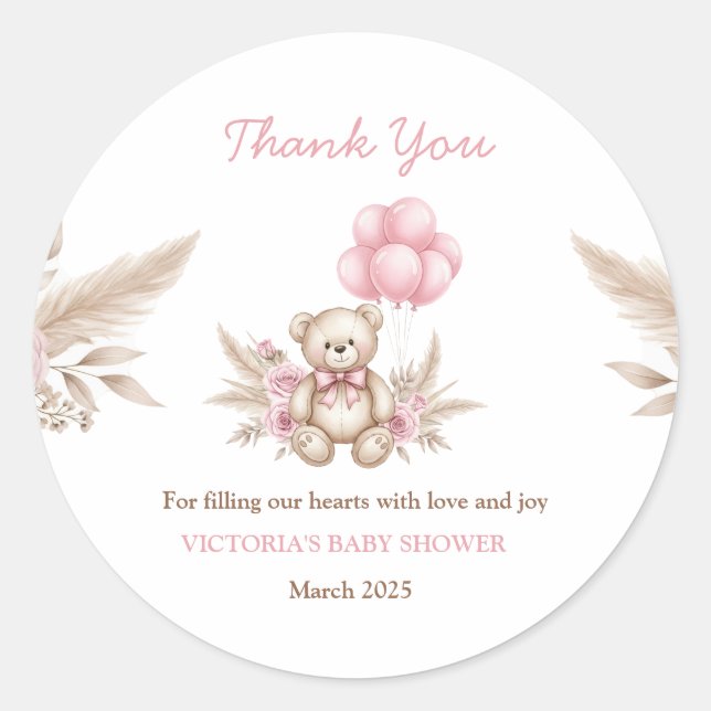 Pegatina Redonda Boho Teddy Bear Baby Shower Favor Classic Round St (Anverso)