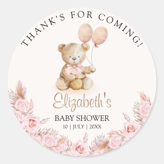 Pegatina Redonda Boho Teddy Bear Baby Shower Girl (Anverso)