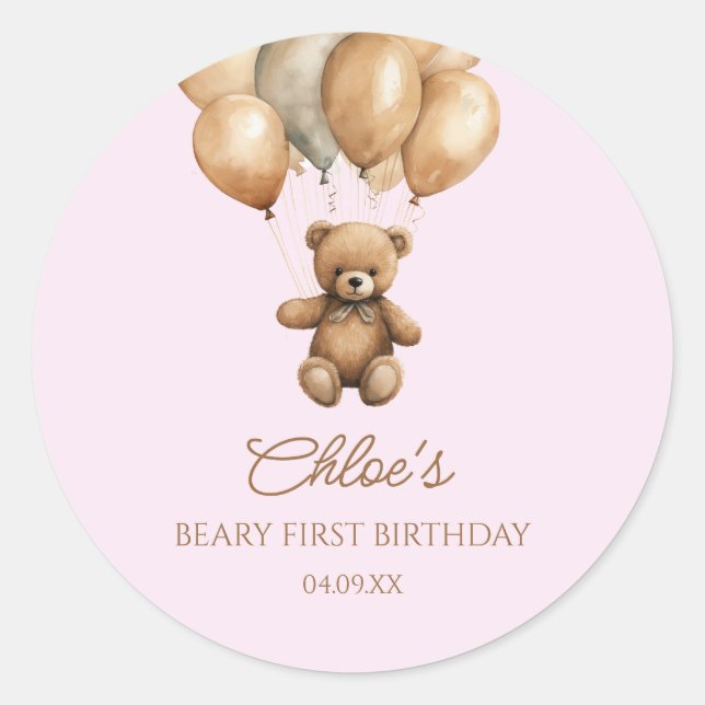 Pegatina Redonda Boho Teddy Bear Beary Primer Fiesta de Cumpleaños (Anverso)