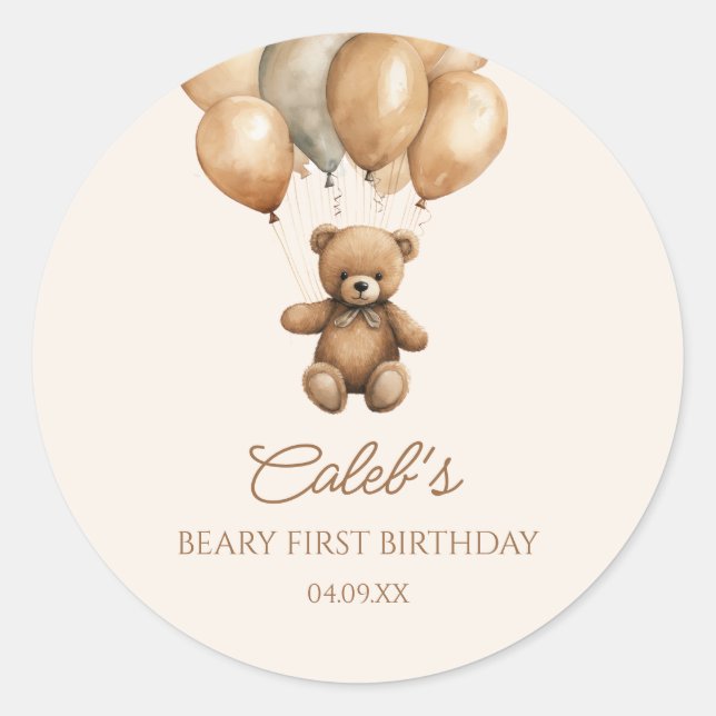 Pegatina Redonda Boho Teddy Bear Beary Primer Fiesta de Cumpleaños (Anverso)