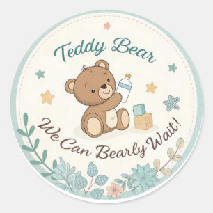 Pegatina Redonda Boho Teddy Bear Blue Bearly Wait Baby Shower