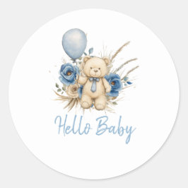 Pegatina Redonda Boho Teddy Bear Blue Bearly Wait Baby Shower Favor