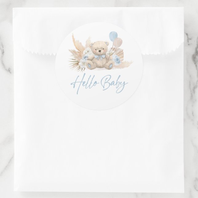 Pegatina Redonda Boho Teddy Bear Blue Bearly Wait Baby Shower Favor (Bolso)