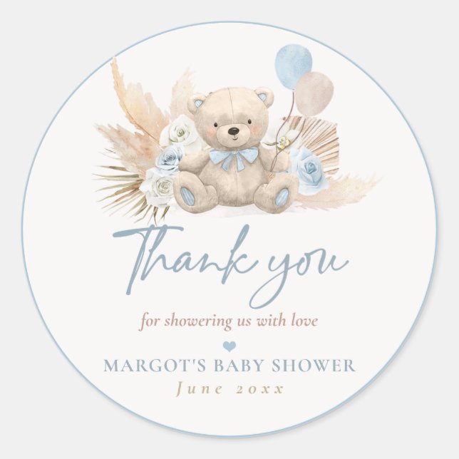 Pegatina Redonda Boho Teddy Bear Blue Bearly Wait Baby Shower Favor (Anverso)