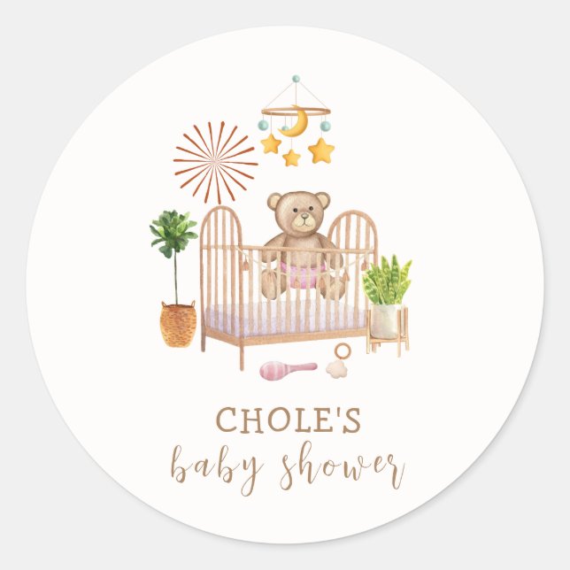 Pegatina Redonda Boho Teddy Bear Nursery Baby Shower (Anverso)