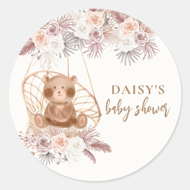Pegatina Redonda Boho Teddy Bear Pampas Flor Baby Shower (Anverso)