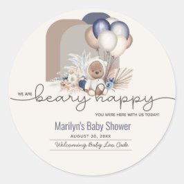 Pegatina Redonda Boho Teddy Bear y los globos anuncian Baby Shower
