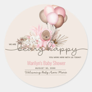 Pegatina Redonda Boho Teddy Bear y los globos anuncian Baby Shower