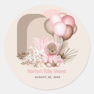 Pegatina Redonda Boho Teddy Bear y los globos anuncian Baby Shower