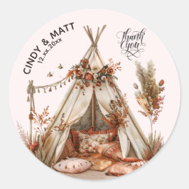Pegatina Redonda Boho Tent Gracias Boda