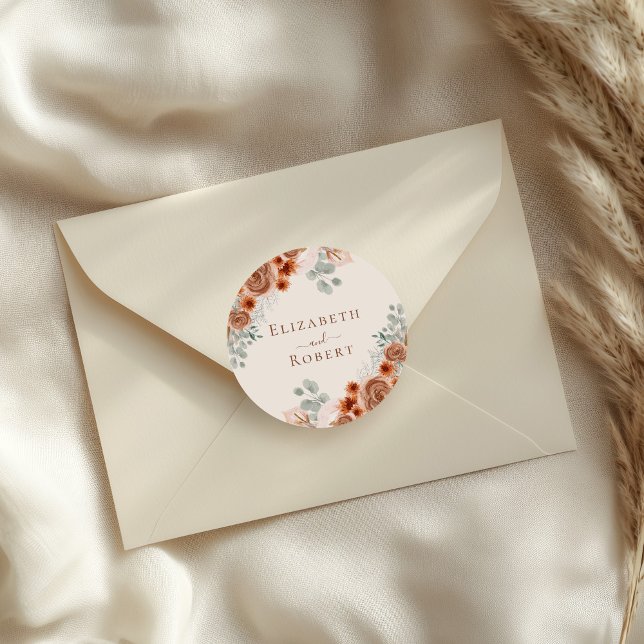 Pegatina Redonda Boho Terracotta Floral Pampas Grass Boda (Boho Terracotta Floral Pampas Grass Wedding Classic Round Sticker on a wedding envelope)